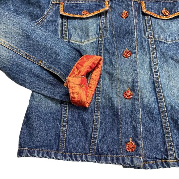 Vintage Bohemian Orange Jewel Button Blue Denim Trucker Jacket Sz S - Picture 14 of 16